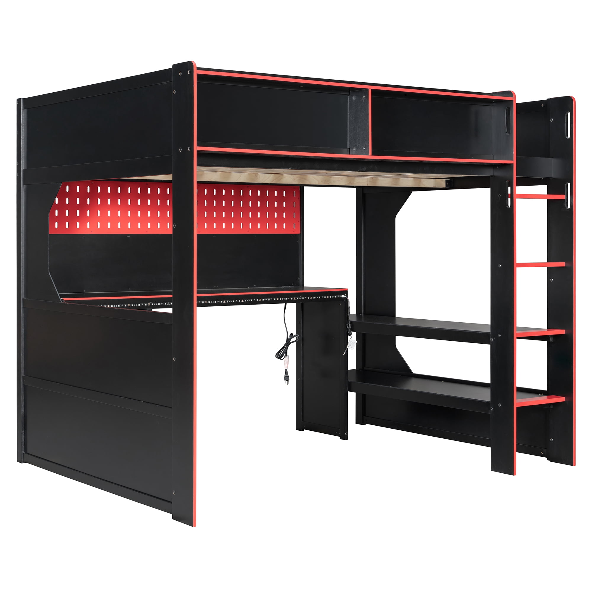 Mintazer Full Size Gaming Loft Bed with Desk & LED Lights, Modern Bed Frame with Storage Shelves & Pegboard and Charging Station for Dorm Bedroom Apartment, Black & Red