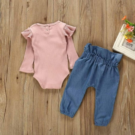 

Toddler Baby Girl Sets Autumn Long Sleeve Solid Romper Tops Denim Trousers Outfits Clothes Adorable Girl Romper Sets