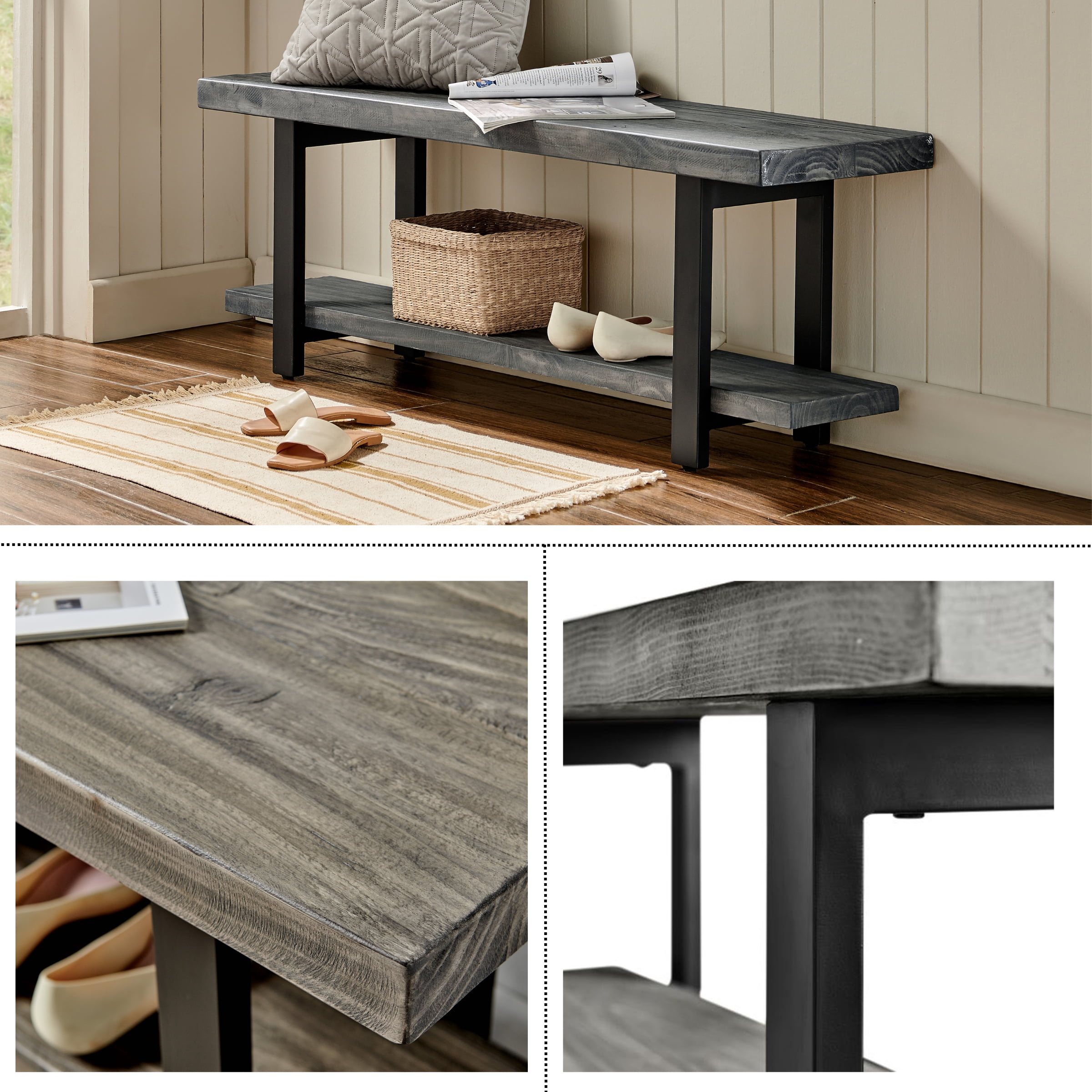 Pomona 2 Tier Entryway Bench with Storage Shelf – Solid Pine Wood Seat with Black Metal Frame – Rustic Industrial Shoe Bench for Hallway, Dining, or Living Room by Alaterre Furniture (Slate Gray)