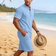 thumbnail image 4 of Summer Matching Set for Men Henley Neck Short Sleeve Shirts Shorts 2 Piece Casual Set Solid Color Relaxed Tracksuits XL, 4 of 9