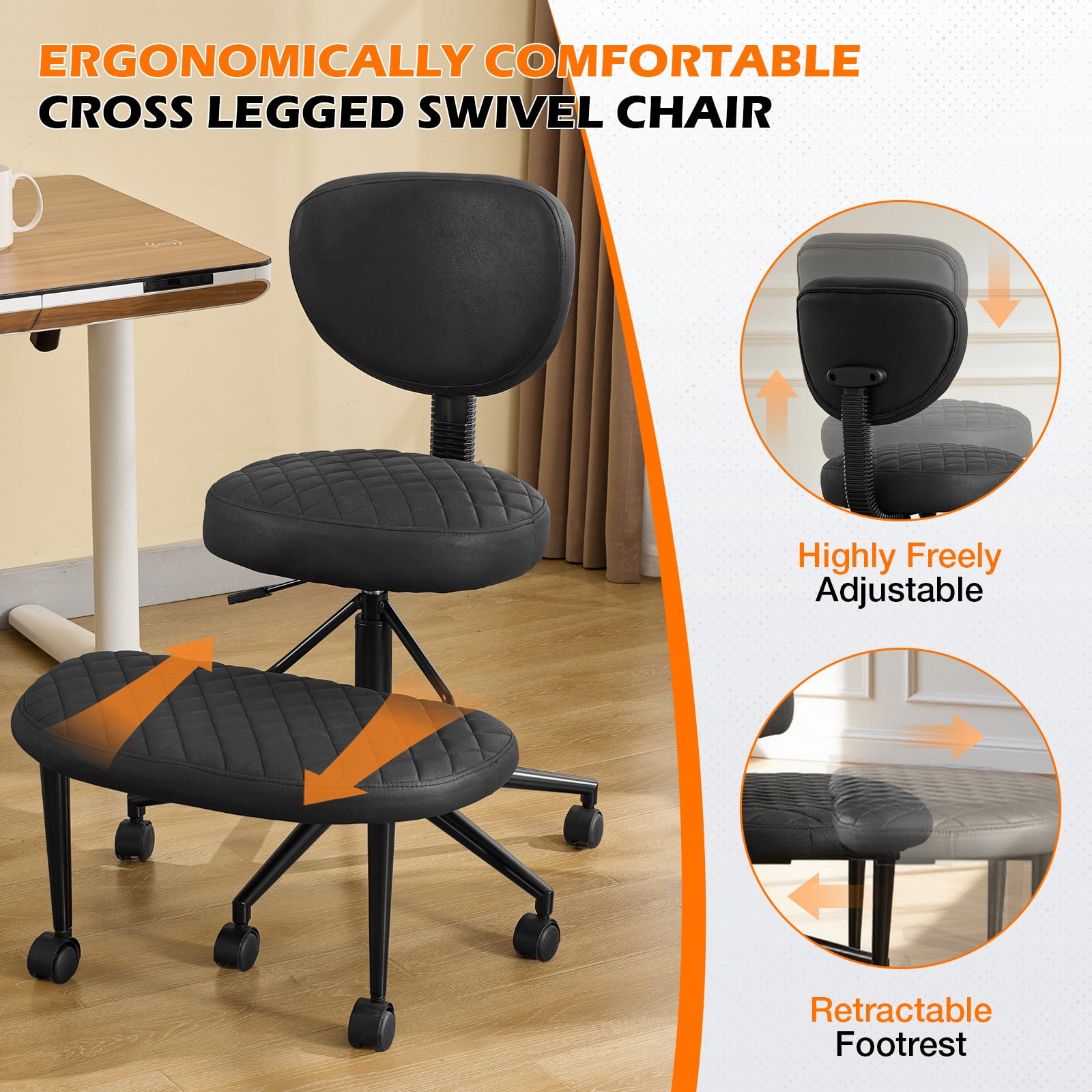JONPONY Ergonomic Cross Legged Swivel Chair, ADHD Office Chair, Meditation Chair with Lumbar Support, Adjustable Height and Retractable footrest, Home and Office, Black
