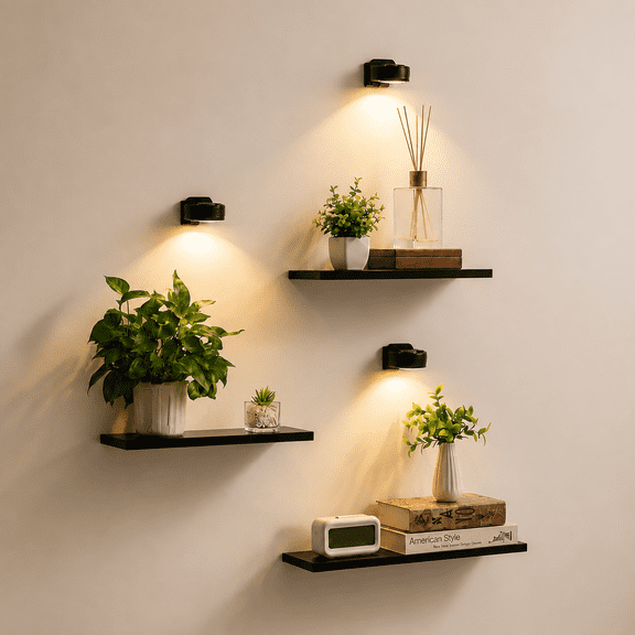 Black Wooden Floating Shelves Set of 3 with Rechargeable LED Lights for Wall Decor