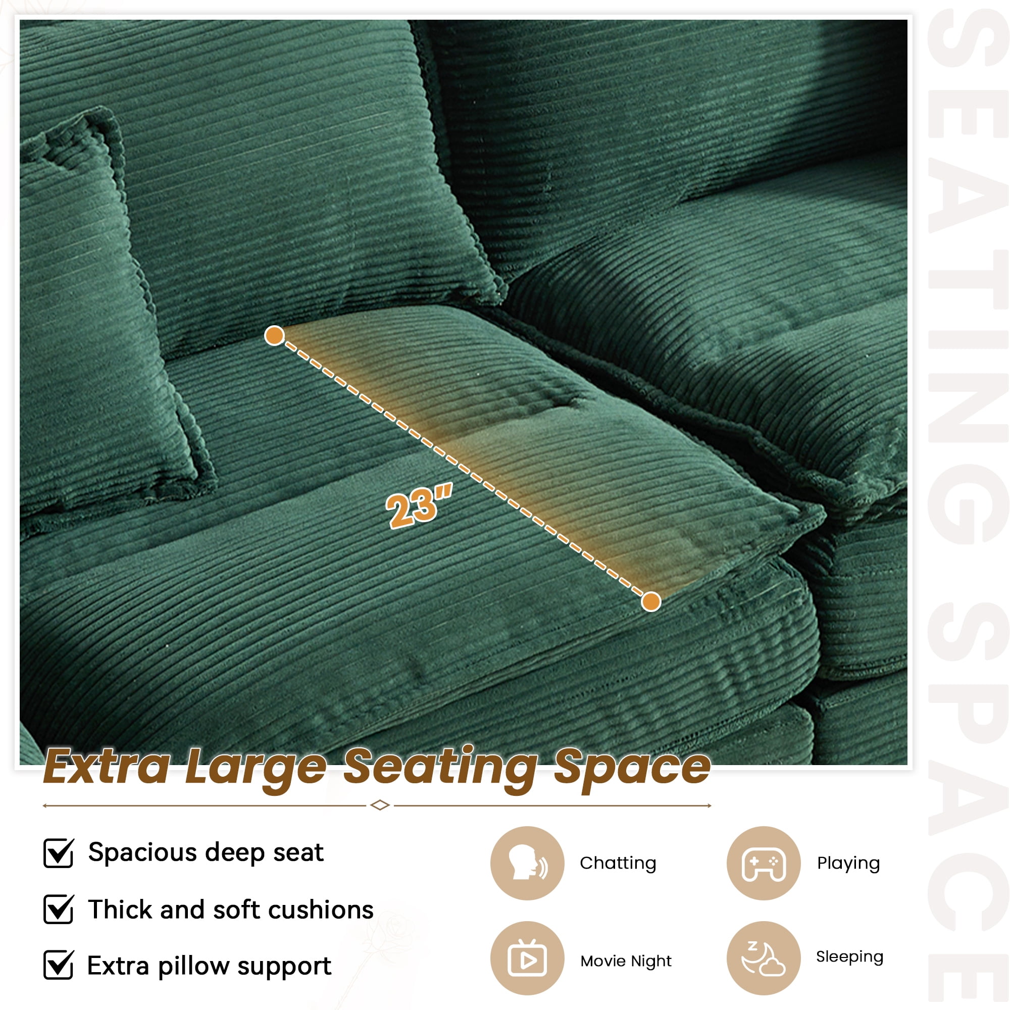 Dinosisco 84"L Deep Seat Sofa, Corduroy Upholstered Sleeper Couch for Living Room, Green