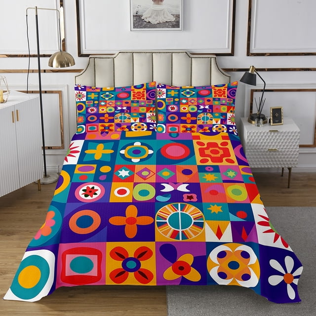 Watercolor Geometric Queen Quilt Set,Mexican Talavera Tile Bedding Set for Kids Adults Room Decor,Colorful Rainbow Geometry Bedspread Set Abstract Style Quilts Bed Set 3Pcs