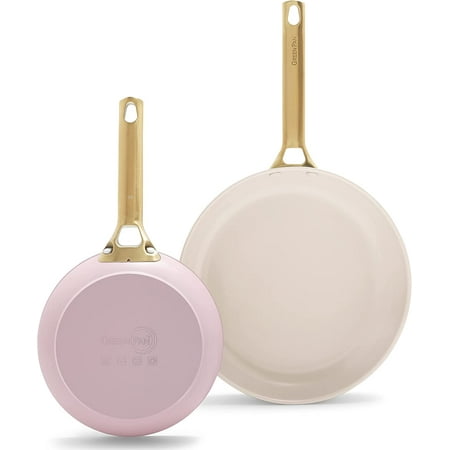 

Reserve Hard Anodized Healthy Ceramic Nonstick 8 and 10 Frying Pan Skillet Set Gold Handle PFAS-Free Dishwasher Safe Oven Safe Blush Pink