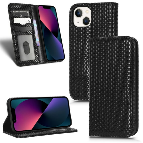 Dteck for iPhone 14 Plus Flip Leather Wallet Case with Card Slots Magnetic Kickstand Function Stylish Grid Pattern Shockproof Folding Case for iPhone 14 Plus,Black