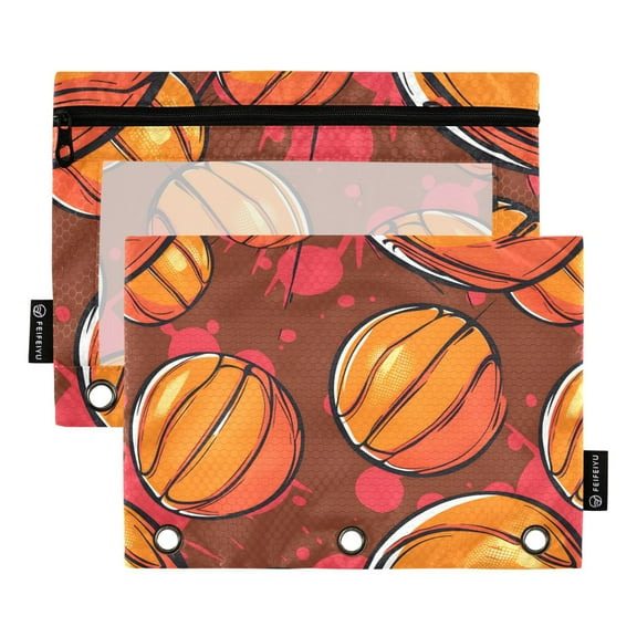 Cartoon Basketball 2 Pack Pencil Pouch for 3 Ring Binder Smooth Zipper Folders with Pockets Clear Window Pencil Case