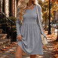 thumbnail image 3 of Tumotour Plus Size Fall Dress for Women's Solid Color Square Neckline High Waisted A-Line Mini Dress knitted Long Sleeve Slim T-Shirt Dress, 3 of 10