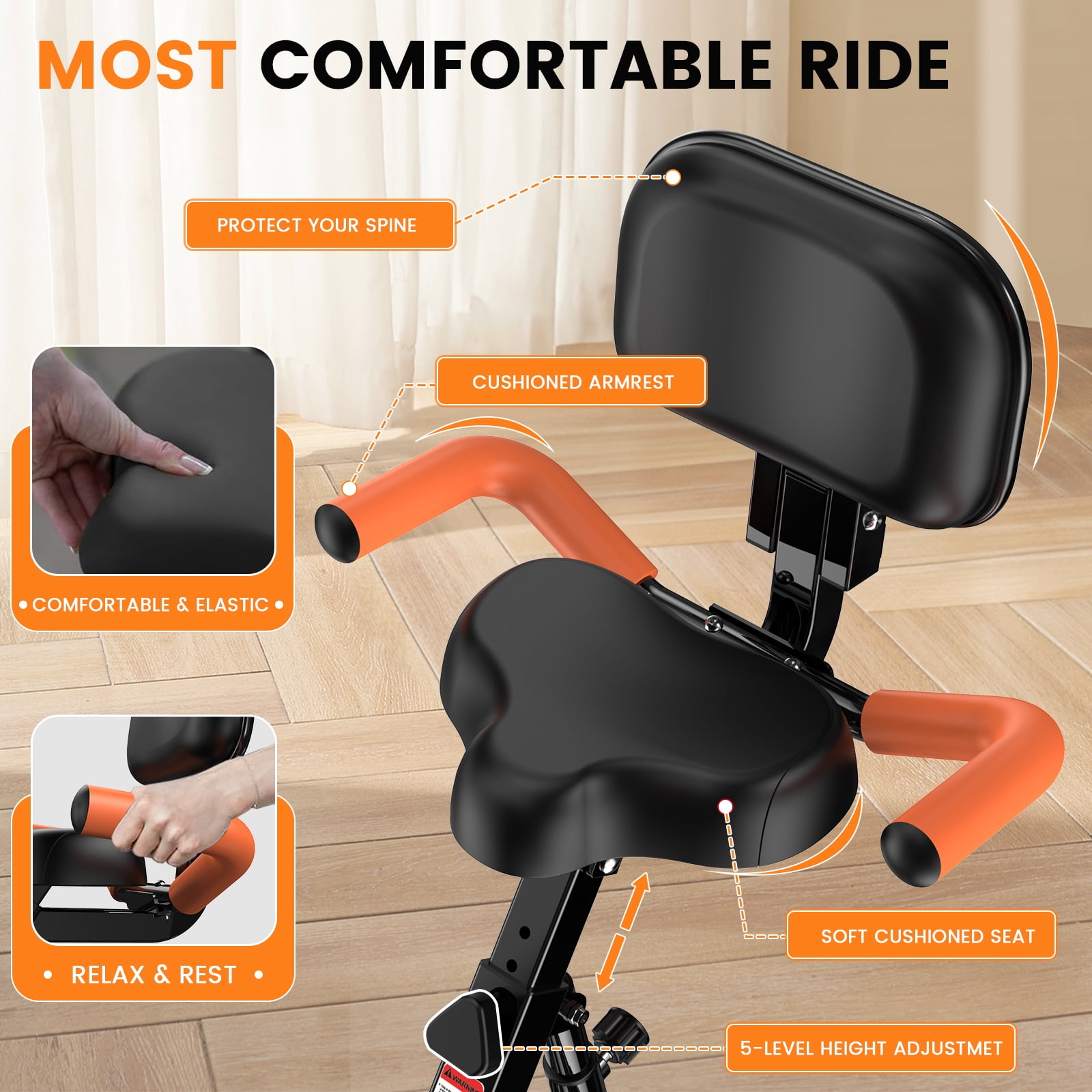 Pooboo 4-in-1 Exercise Bike Folding Magnetic Stationary Bycycle with Arm Resistance Bands Home Cardio Bike