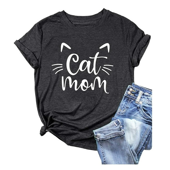 LUOGENLI Female T-shirts for Womens Women's Round Neck Summer Cat Print Colored Cotton Short Sleeved Top T Shirt Womens T-shirts Graphic Tees xxl Tall St. Patrick's Day Navy XL