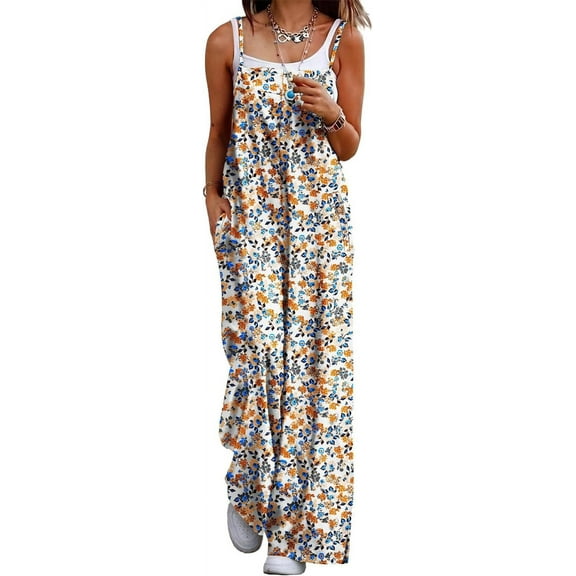Women's Summer Boho Casual Jumpsuits Wide Leg Overalls Floral Print Baggy Rompers with Pocket PZZCR