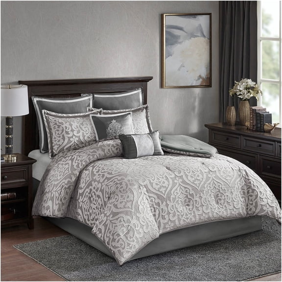 JERFIT Queen 8-Piece Jacquard Comforter Set, Elegant Silver Damask Medallion Bedding Ensemble with Bed Skirt & Decorative Pillows
