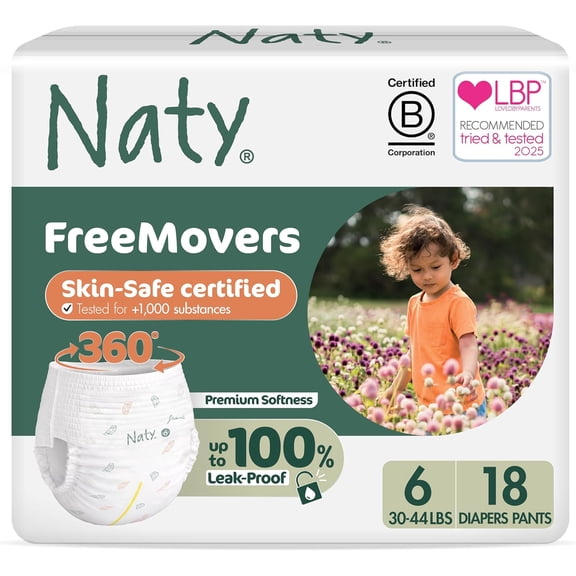 Naty FreeMovers Diaper Pants | Sensitive Skin Certified Potty Training Pants | Soft, Unscented | Absorbent & Leak-Proof | Unisex Baby & Toddler | Size 6, 4T–5T (30–44 lbs), 18 Count