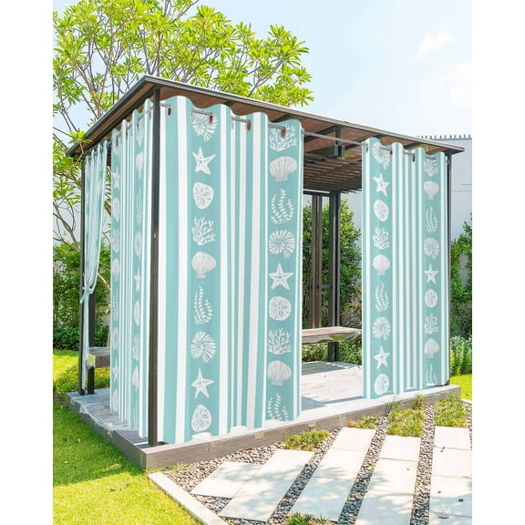Outdoor Curtains for Patio Coral Turquoise and White Striped Waterproof Privacy Outside Curtains with Tiebacks Grommet Top Pergola Curtains for Porch Cabana Gazebo 2 Panels, 54x95 inch