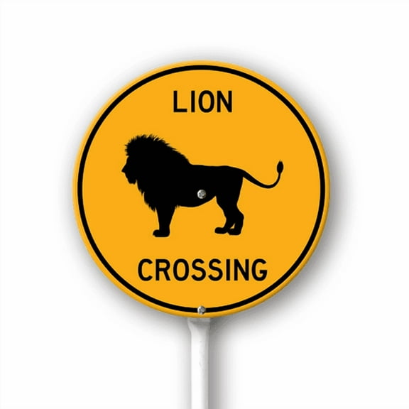 Eveokoki Lion Crossing Round Sign with Metal Stake -9.2x9.2inch Lawn Sturdy Aluminum Signs for Outdoor Use Waterproof Sign Outdoor Decor for Lawn Yard Garden