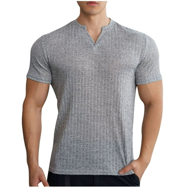 Camisas de Verano Casuales de Manga Corta de los Hombres Color Sólido V-Cuello Suelto Blusa de Fitness Elástica, 75% Poliéster 20% Rayón 5% Spandex