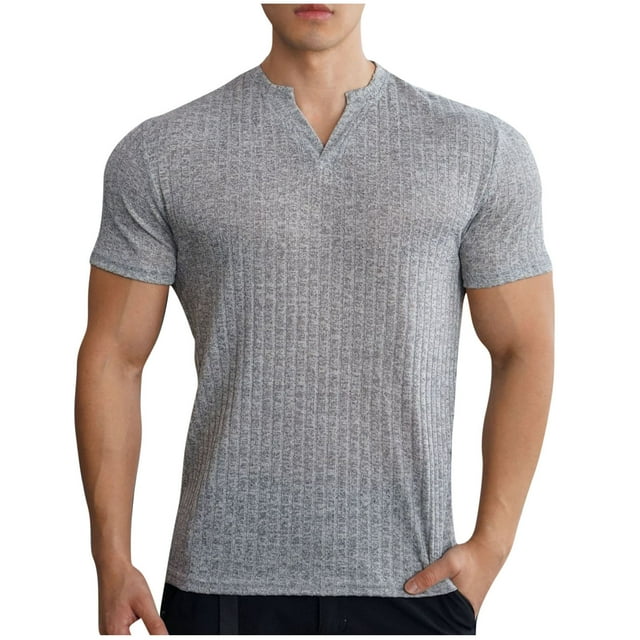 Men's Muscle T Shirts Stretch Short Sleeve V Neck Bodybuilding Workout Tee Shirts Slim Fit Ribbed Knit Shirt