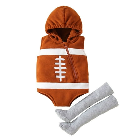 

Newborn Infant Baby Boy Girl Football Patchwork Hooded Sweatshirt Romper Socks Fall Winter Outfit