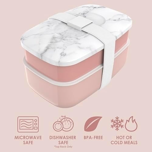 Classic - Adult Bento Box, Stackable 3-Compartment Lunch Box with Removable Utensil Set and Sealing Strap, BPA-Free, Food Container Ideal for Meal Prep, Work, and On the Go (Blush Marble)