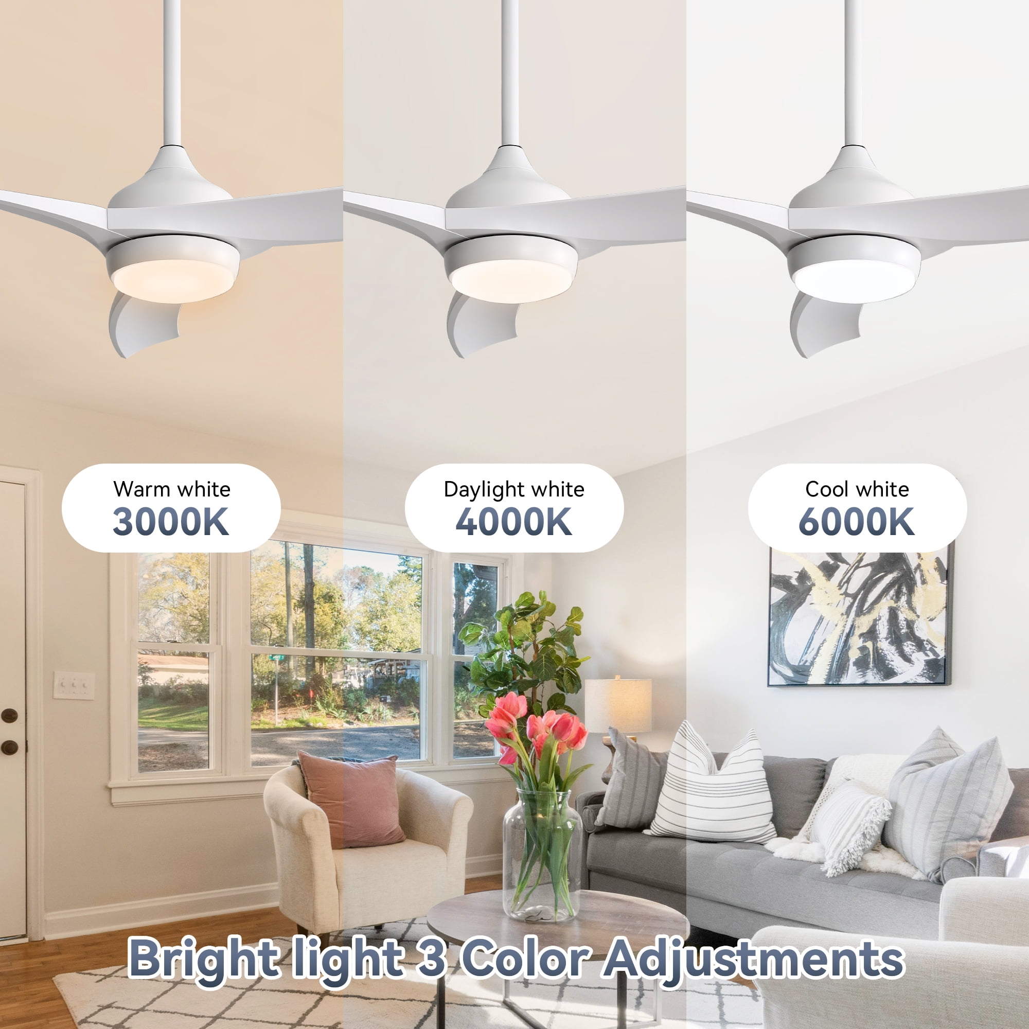 Sofucor 52 Inch White Ceiling Fans with Lights Remote Control, White Outdoor Ceiling Fan with Light Airflow 6000CFM 3 CCT Dimmable 3-Timer ABS 3 Blades