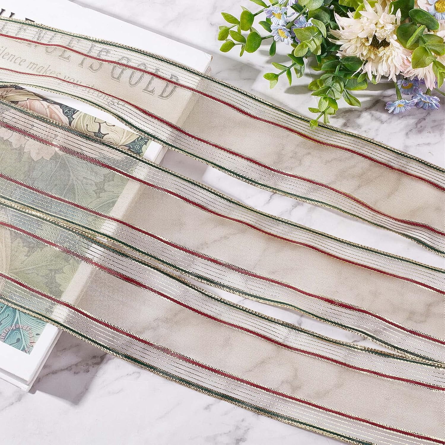 25Yds x 2-1/2 Striped Ribbons Metallic Gold Stripe Wire Edge Ribbon Christmas Overlock Fabric Wired Ribbon Cuff Red Green Gold Gauze Band Crafts Roll for Sewing Gift Wrapping DIY Wreath