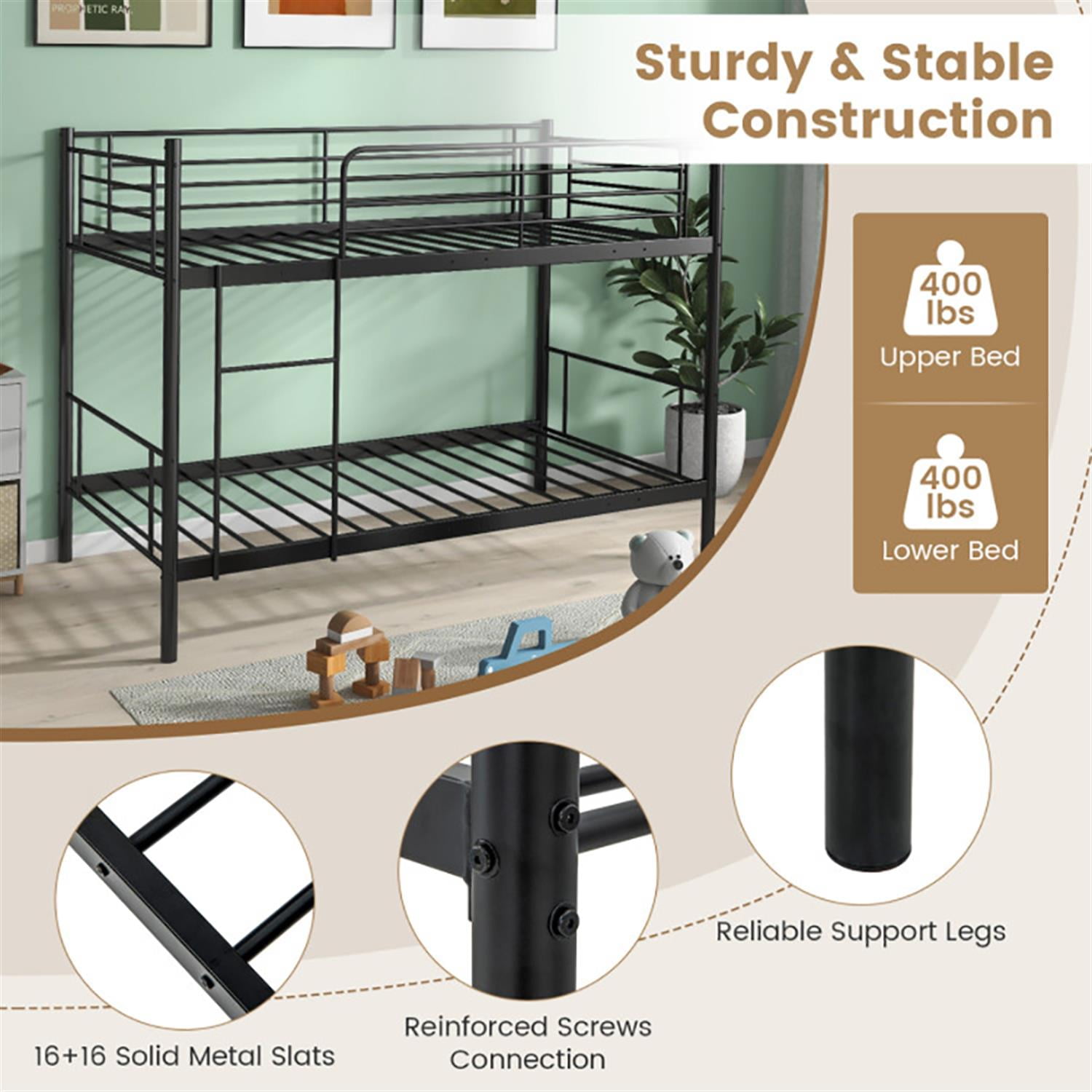 Demi Bonn Metal Bunk Bed Frame Twin Over Twin with Ladder and Full-length Guardrails, Heavy Duty Metal Bed Frame, Black