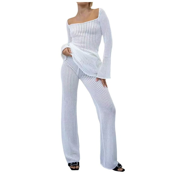 FhsagQ Women's Cover Up Camisoles & Tanks Polyester Europe and The United States New Knitted Hollow Beach Suit Female Pure Colour Loose U Shaped Long Sleeve Trousers Beach Suit Female White L