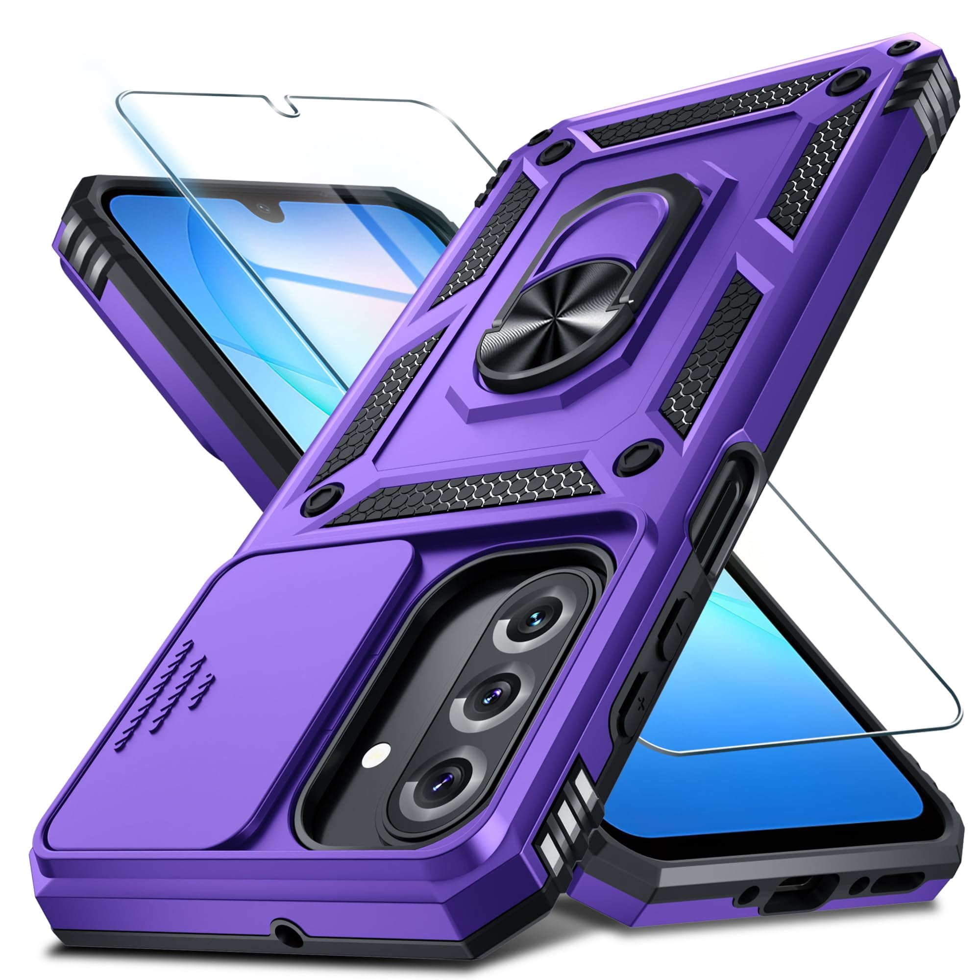 Dteck for Samsung Galaxy A17 5G / A26 5G Case with Camera Cover Sliding + Screen Protector + Finger Ring Holder Kickstand, Shockproof Full Body Protective Phone Cover,Purple