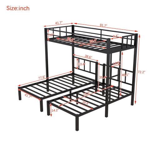 Metal Triple Bunk Bed for Kids,Twin Over Twin Over Twin Bunk Bed with Full-Length Guardrail and Ladder,Separates Into 3 Twin Beds,Noise Reduced Structure,Black