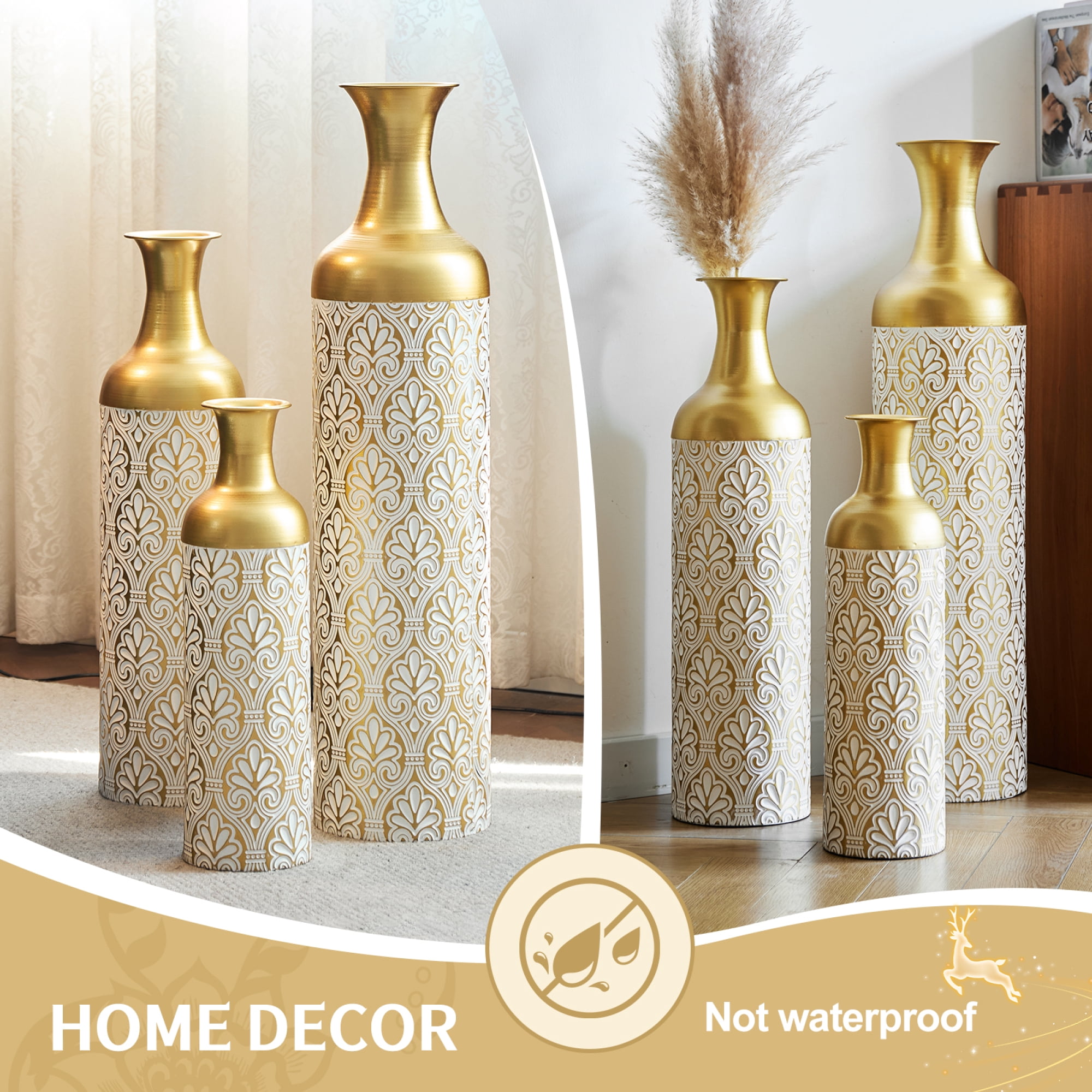 Leumius 3 Pack Gold White Metal Vase Set, Tall Embossed Nested Vases, Semi-Handcrafted Decorative Centerpieces for Home Living Room Floor Fireplace