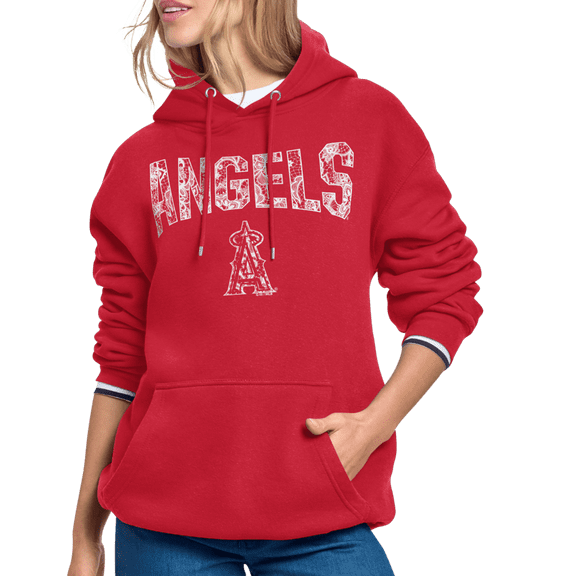Women's Starter Red Los Angeles Angels Lace Team Lockup Fleece Hoodie