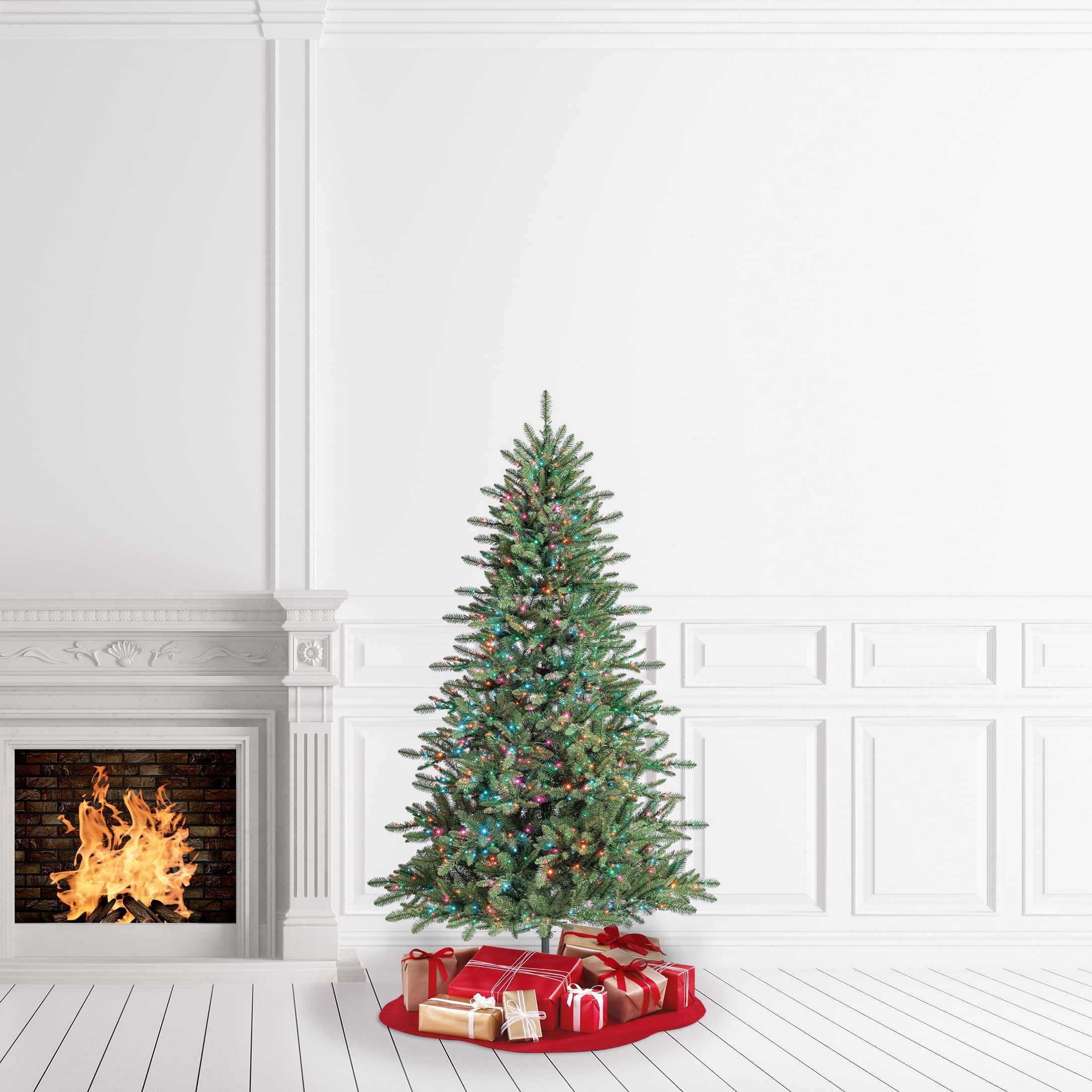 7.5' Pre-Lit Milford Pine Green Artificial Christmas Tree with LumaDazzle Color-Changing Twinkle LED Lights, Quick Set, and Stand, by Holiday Time