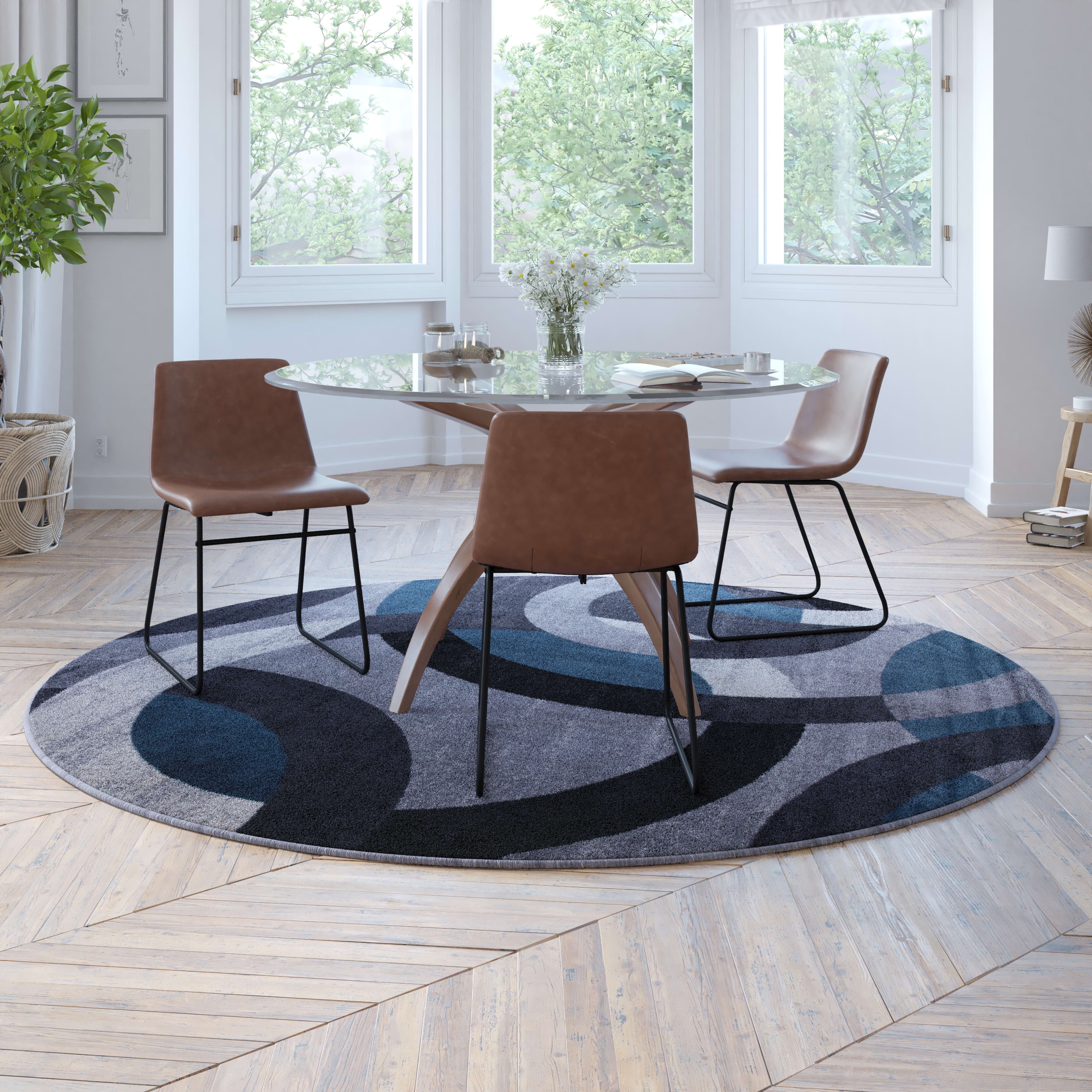 BizChair Geometric 8' x 8' Blue and Gray Round Olefin Area Rug with