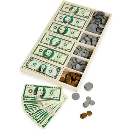 Melissa & Doug Play Money Set, Educational Toy with Paper Bills and Plastic Coins, 50 of each denomination) and Wooden Cash Drawer for Storage