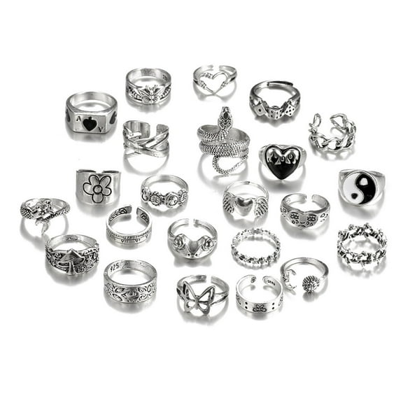 Fogun 24pcs Gothic Rings Set for Women and Men Silver Punk Grunge Vintage Jewelry with Heart Snake Flower Designs