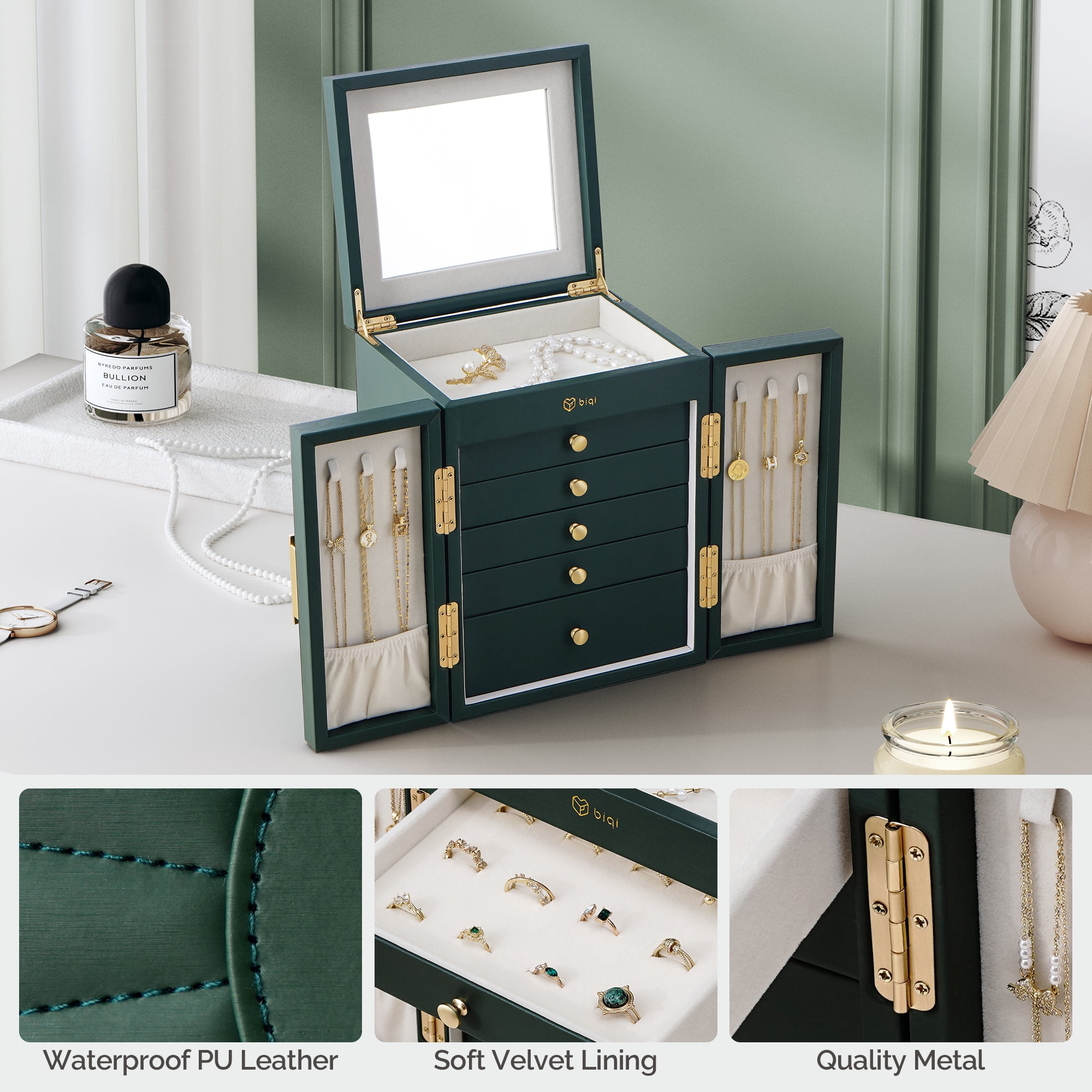 Casegrace 6-Tier Huge Jewelry Box for Women Girls with Mirror 5 Drawers Organizer Necklace Ring Earring Storage Opening Door Gift Case