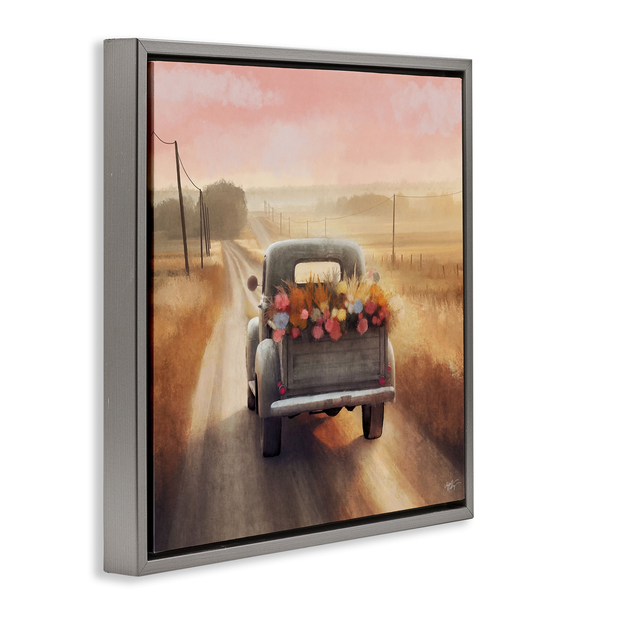 Stupell Industries Farmer's Road Harvest Truck Transportation Painting Gray Floater Framed Canvas Art Print Wall Art, 18 x 18
