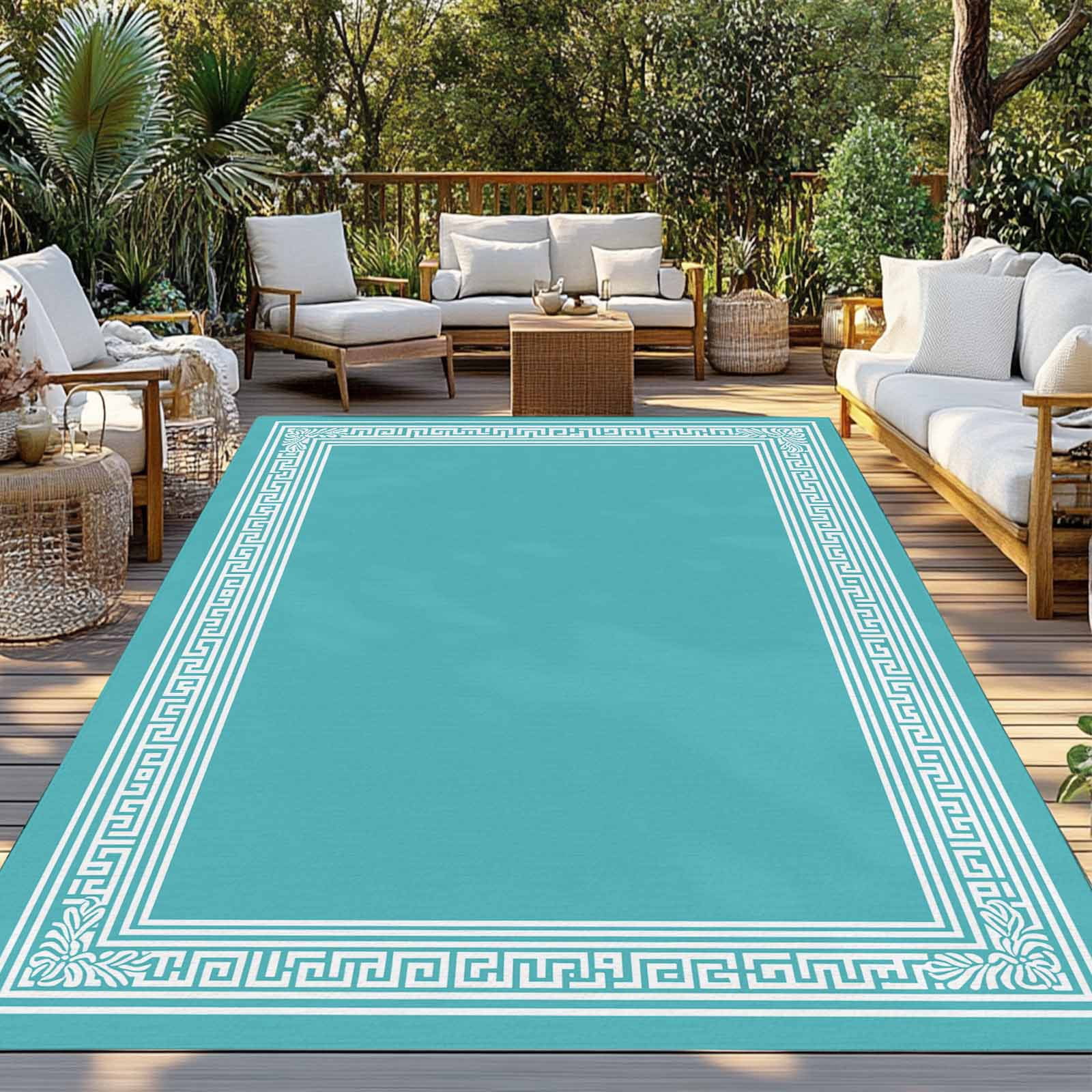 Turquoise Outdoor Rug 6x9 Ft - Reversible Patio Rug Outdoor Camping Rugs, Geometric Boho Ethnic Tile Chic Monochrome Washable Indoor Outdoor Area Rugs, Non-Slip Outdoor Carpet Runner for Deck/Porch