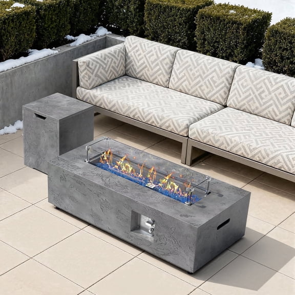 42 in. Retangular Coating Steel Propane Firepit Table, 50,000 BTU Outdoor Fire Pit Table in Gray-Rock Veins