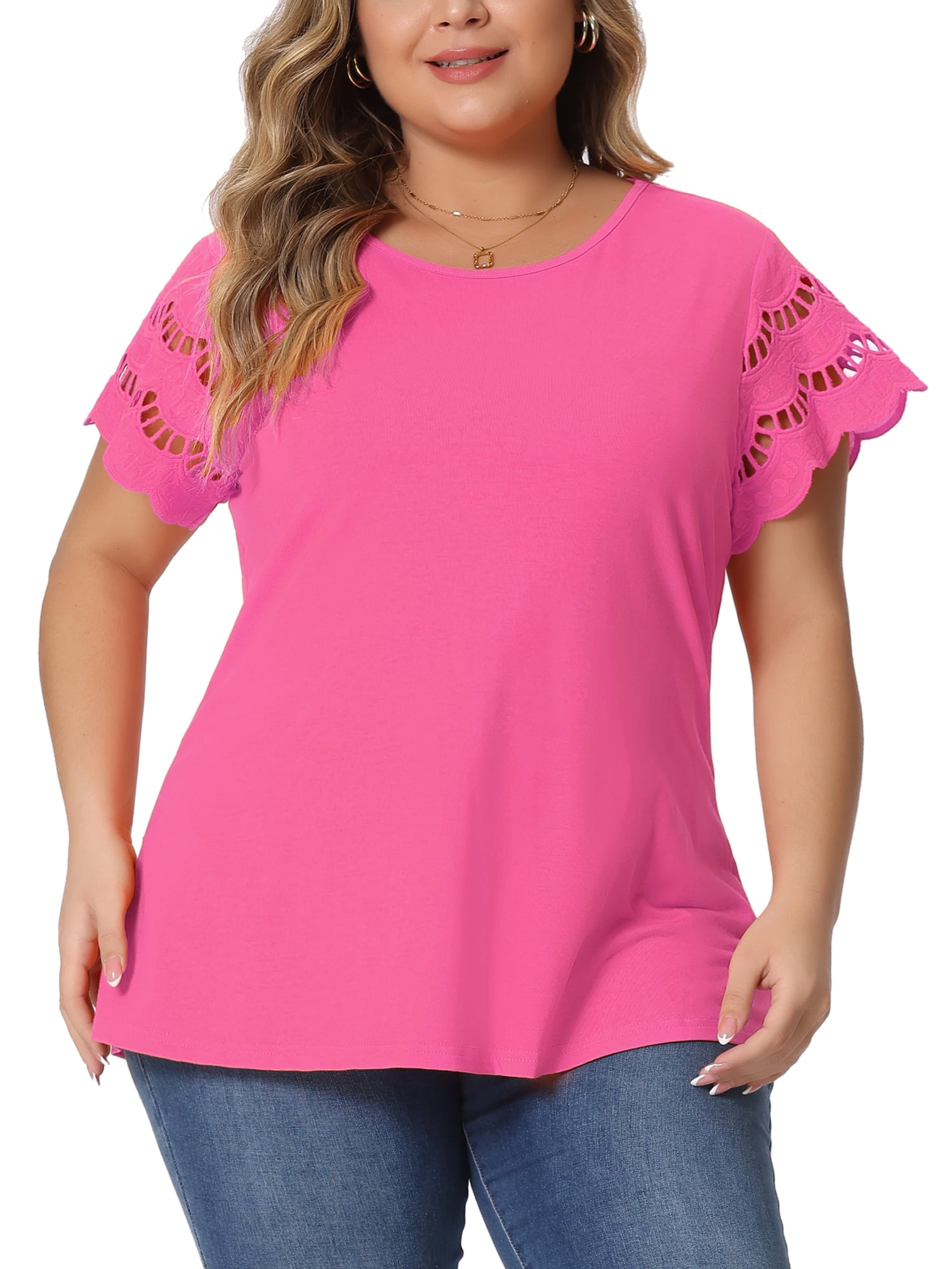 DARING DIVA Women's Plus Size Round Neck Lace Panel Blouses 3X Hot Pink