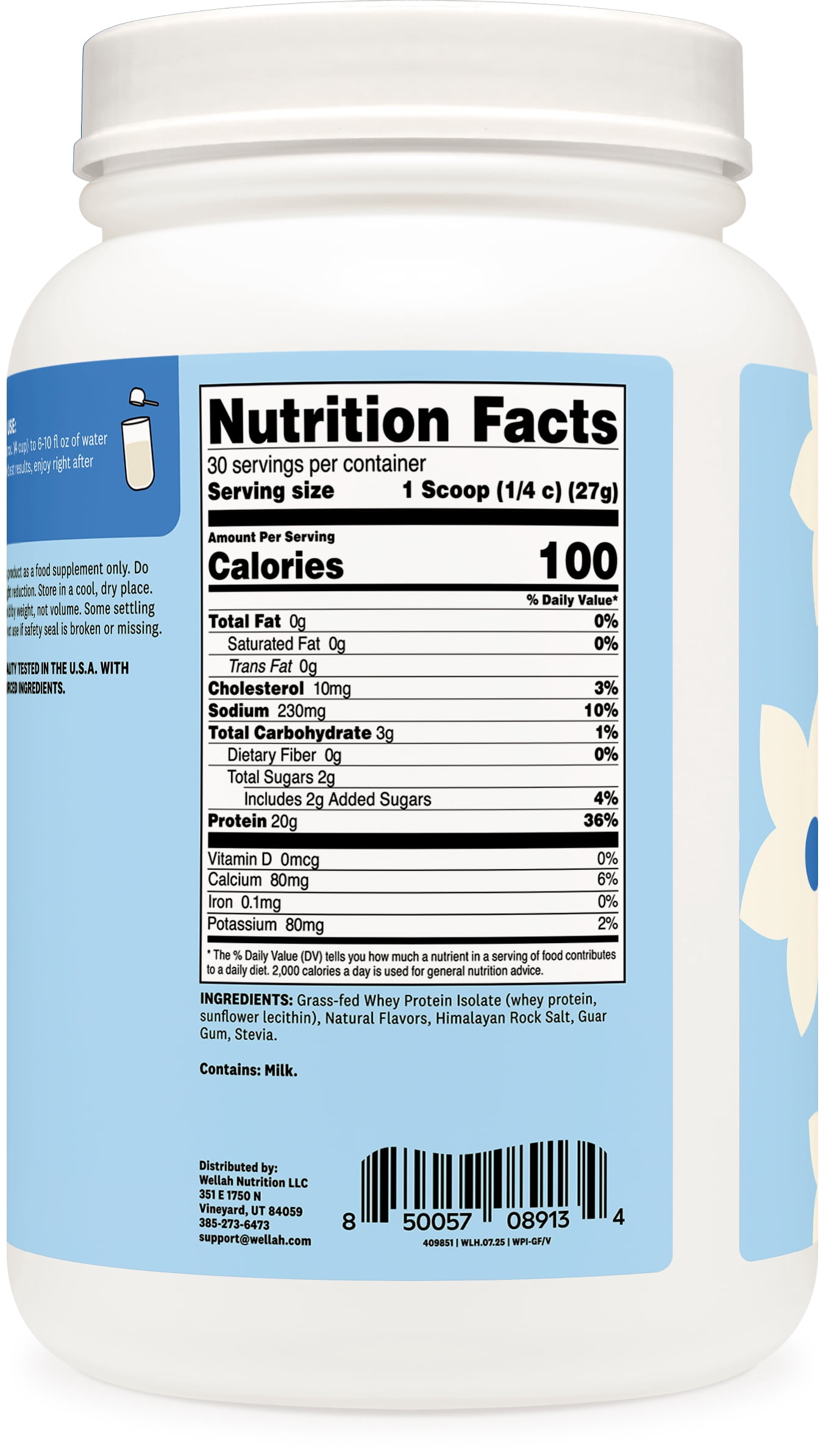 Wellah Grass-Fed Whey Protein Isolate (Vanilla) 30 Servings - 20g of Protein, 100 Calories, Naturally Sweetened