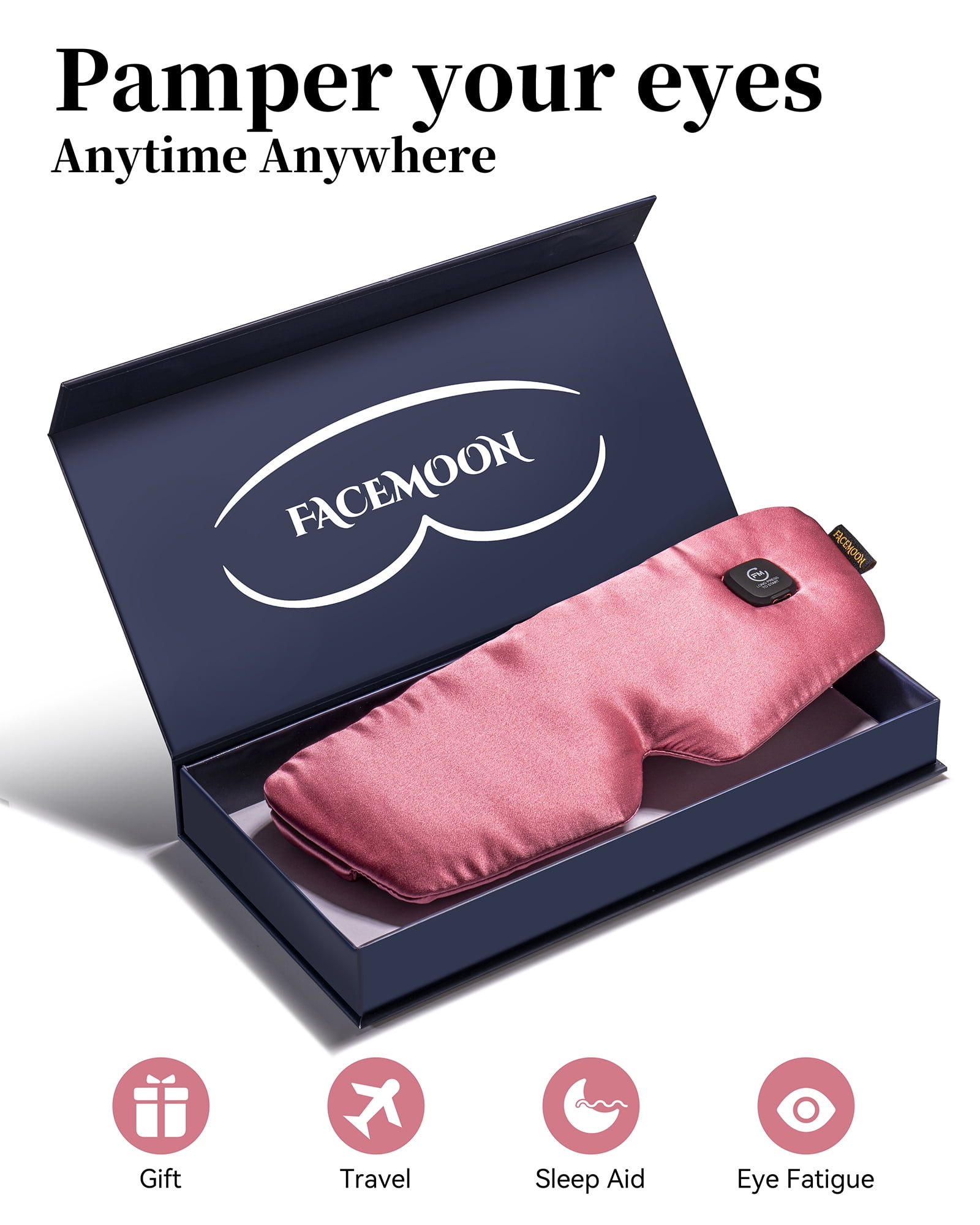 FACEMOON Silk Heated Sleep Mask Cordless Comfort Rechargeable Moist Heat for Dry Eyes Warm Compress Washable Relaxation Black