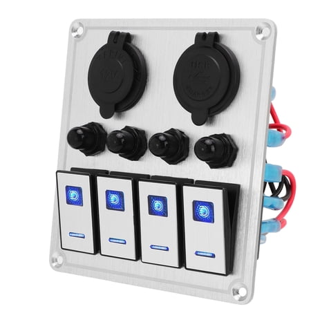 NFTIGB 4 Gang Rocker Switch Panel Waterproof Marine Boat Toggle Switch Panel Silver Oxide On Off with Double Blue Light
