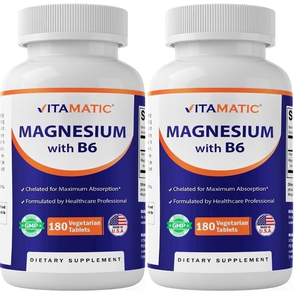 Vitamatic Magnesium with B6-180 Vegetarian Tablets (Uncoated) - Added B6 for Maximum Absorption - Supports Muscle, Joint, and Heart Health -  2 Pack