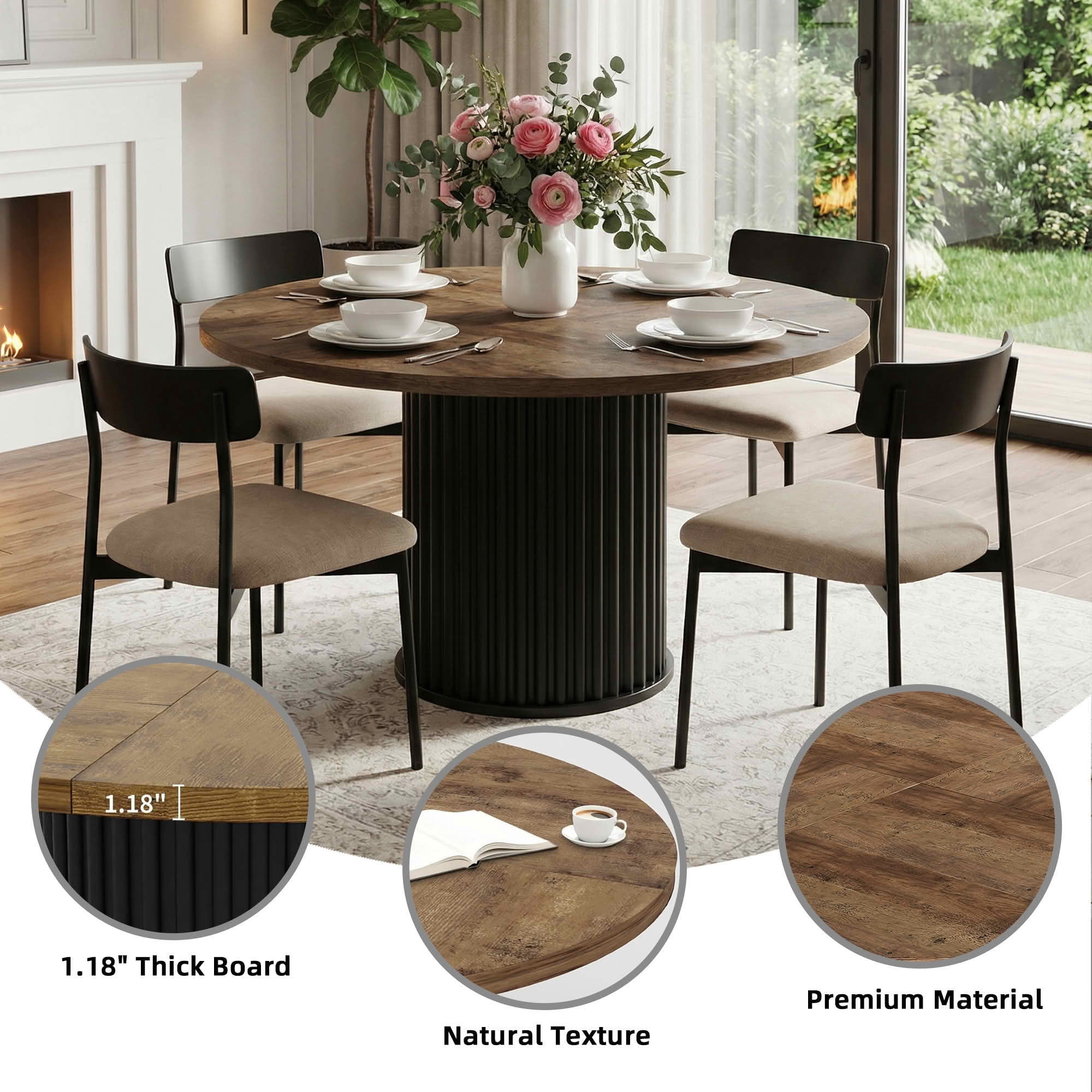 MAYEERTY 47.24" Mid-Century Round Dining Table, Black Textured MDF Top Fluted Metal Base, Seats 6 with Adjustable Anti-Slip Foot Pads