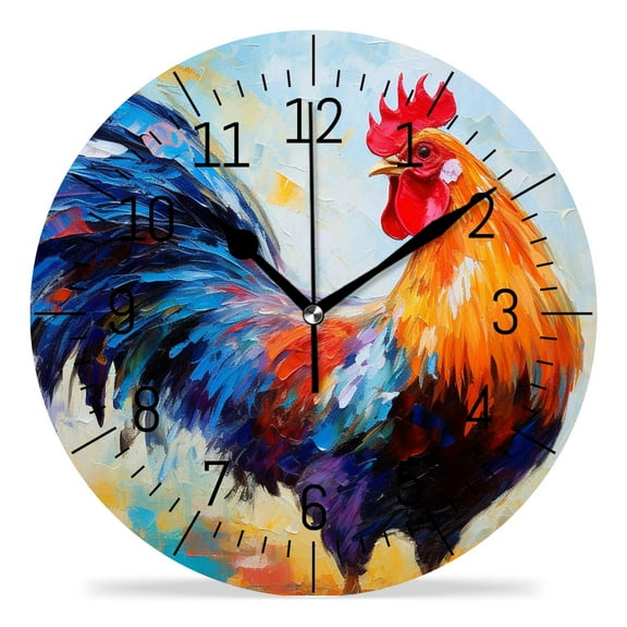14 Inch Wall Clock Battery Operated Silent Clock Decorative for Office, Kitchen, Outdoor, Living Room，Colorful Rooster Beautiful Art