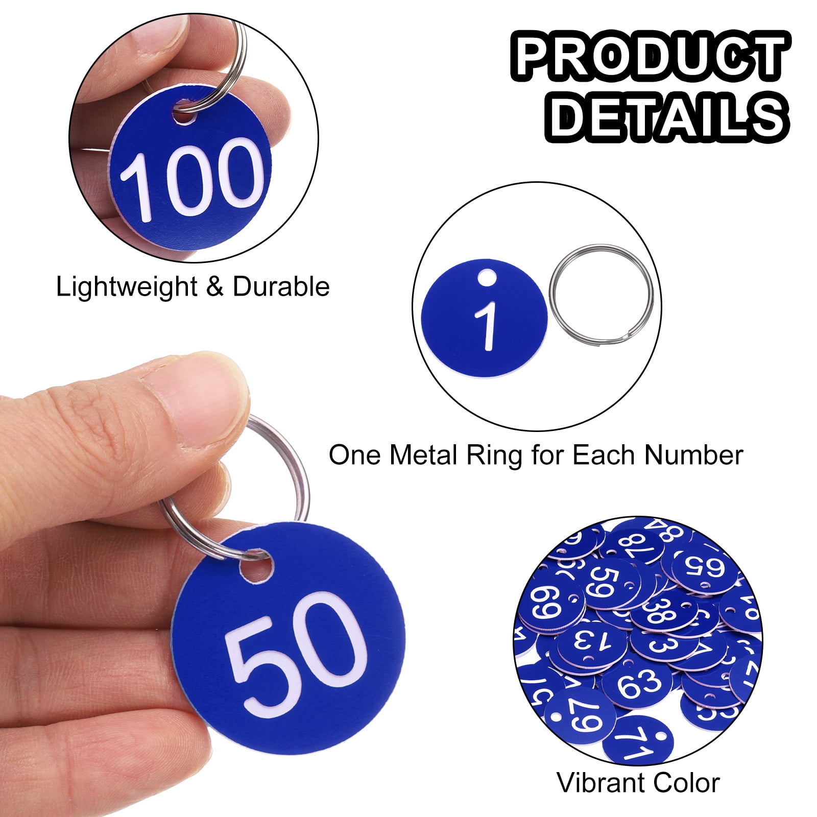 Uxcell Numbers Key Tags, 1-100 Plastic ID Hang Tag with Metal Ring Numbered Tags for Dormitory Key Chain Box Cabinet Lockers(Blue & White)