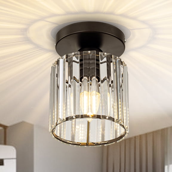 Crystal Flush Mount Ceiling Light, Modern Semi Flush Mount Chandelier with Sunburst Crystal Shade for Hallway, Entryway, Bedroom, and Kitchen, Black