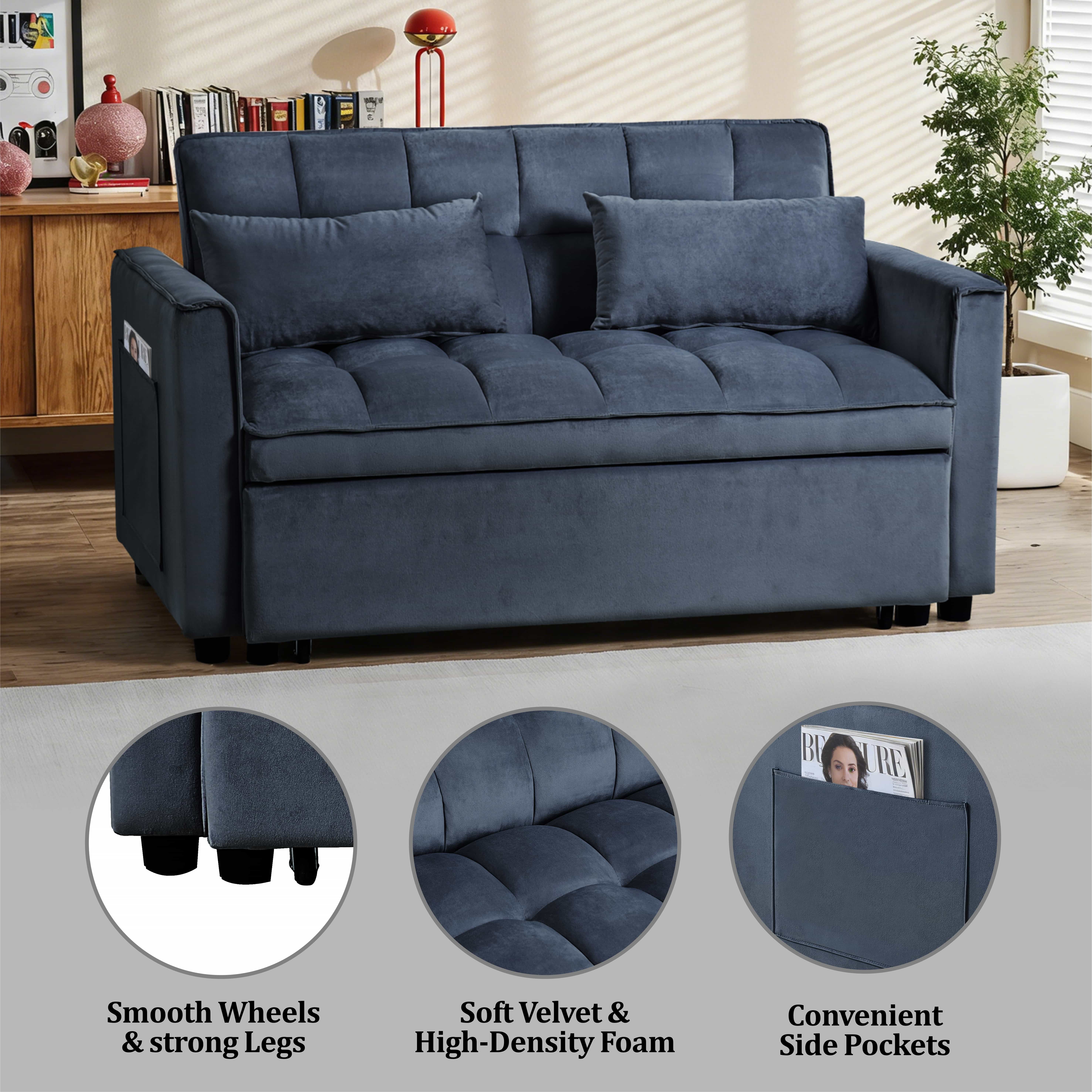 BSHTI Modern Sofa Sleeper, Futon Sofa Bed,Twin-Size Sofa Couch with 3 Adjustable Rreclining Angles,Two Matching Pillows,Easy Assembly,Velvet Fabric Loveseat,Black