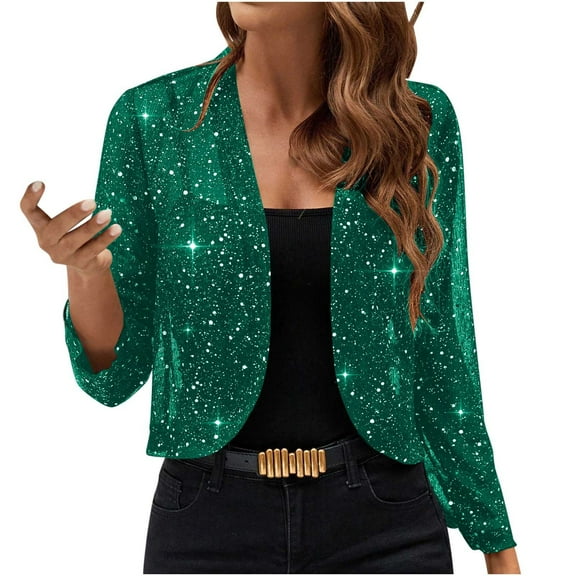 Sequins Cardigan Crop Jackets Women Sparkly Shiny Open Front 3/4 Sleeve Shrugs Christmas Holiday Party Outfits (XL, Green 01)